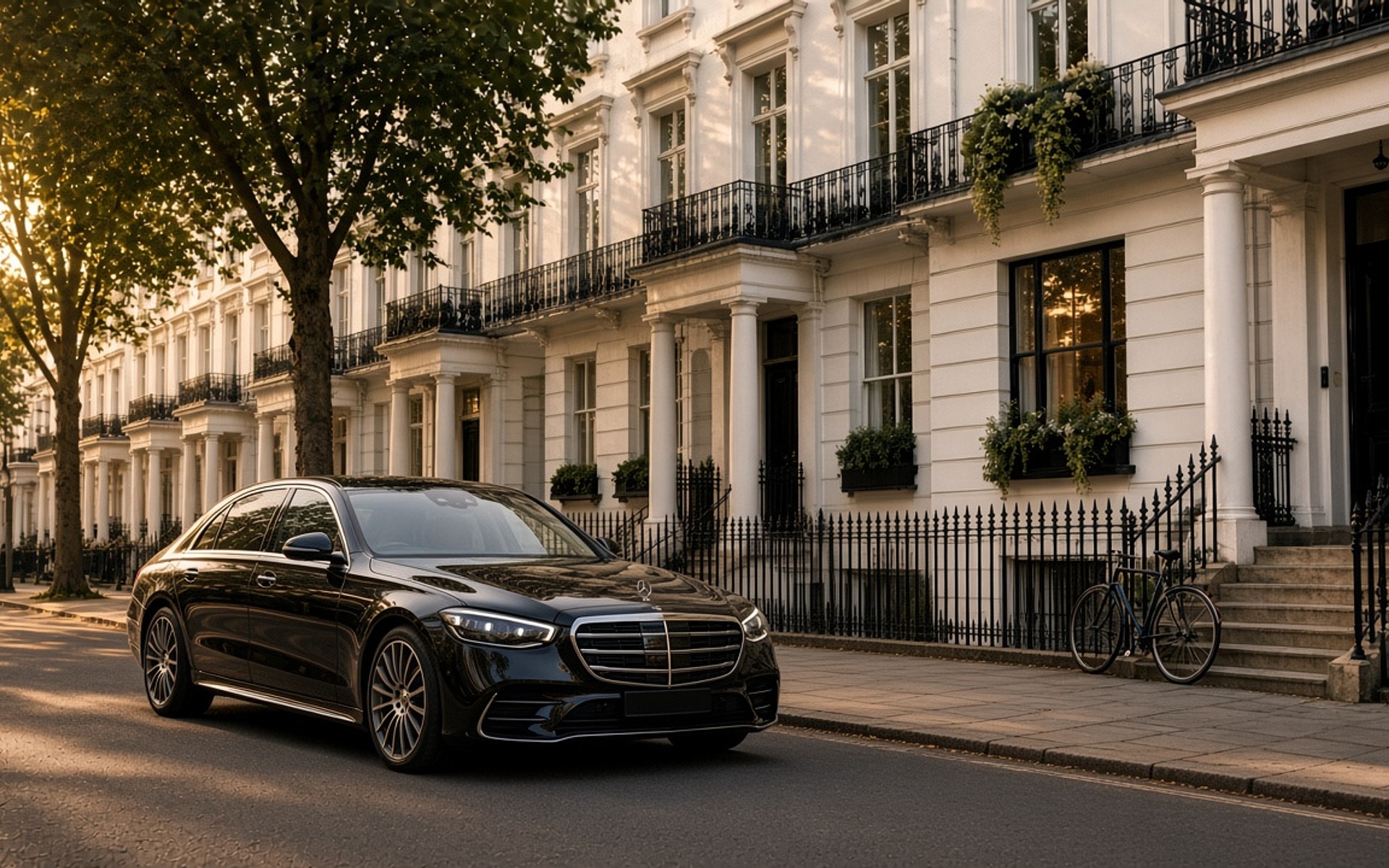 A Mercedes S-Class outside a London terrace